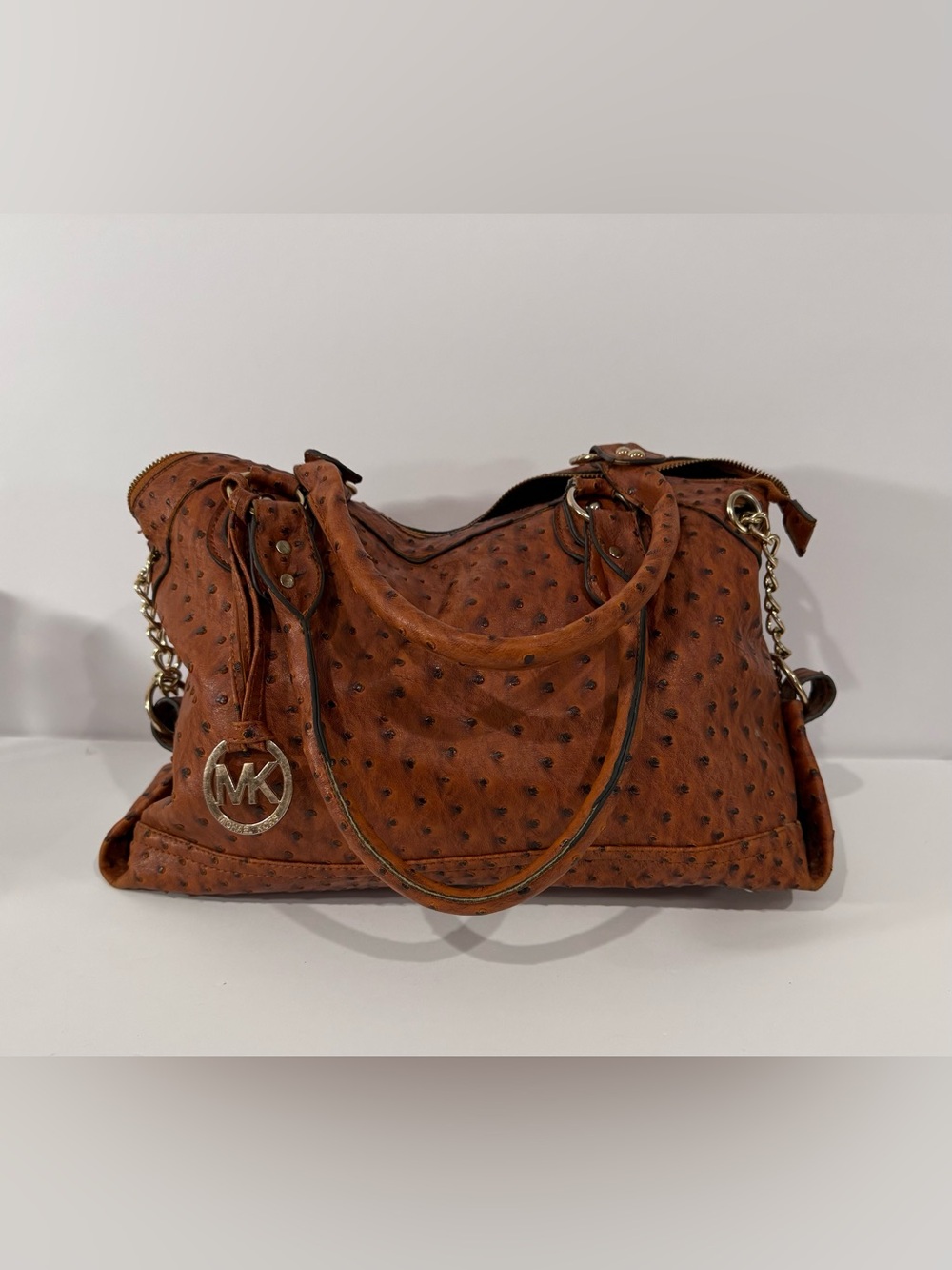 Michael Kors Brown Leather Large Logo Ostrich Embossed Satchel *see description*